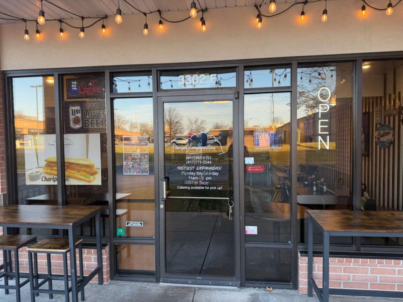 Entrance with string lights